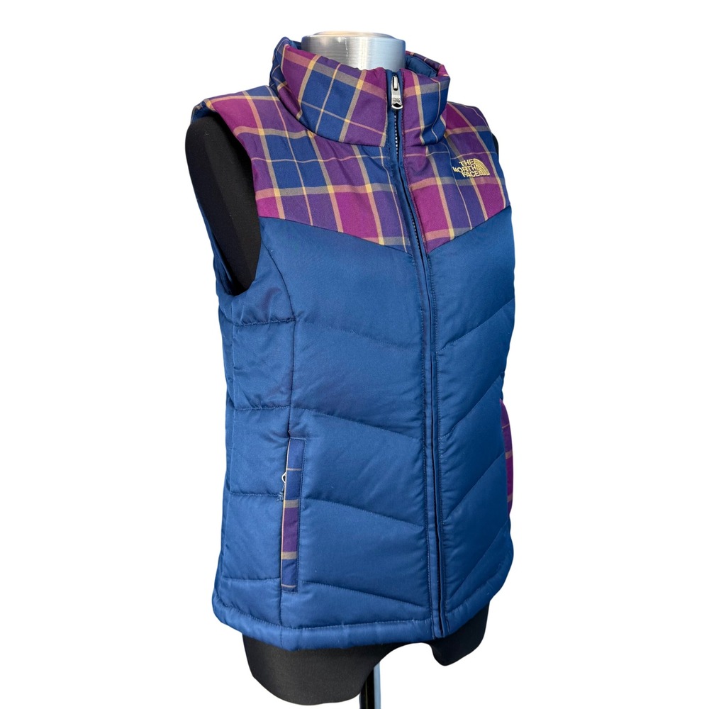 The North Face Women's Plaid‎ Puffer Vest Blue Purple Gold Padded Gilet Size XS - Picture 8 of 10